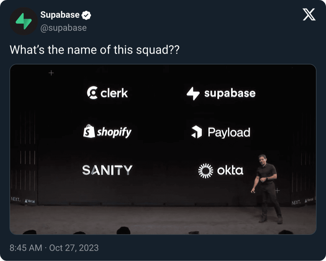 Tweet showing Guillermo Rauch mentioning Supabase as one of the companies compatible with the Next.js App Router