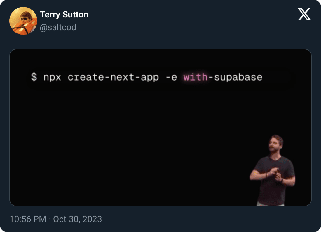 Tweet from Terry Sutton running the `with-supabase` command