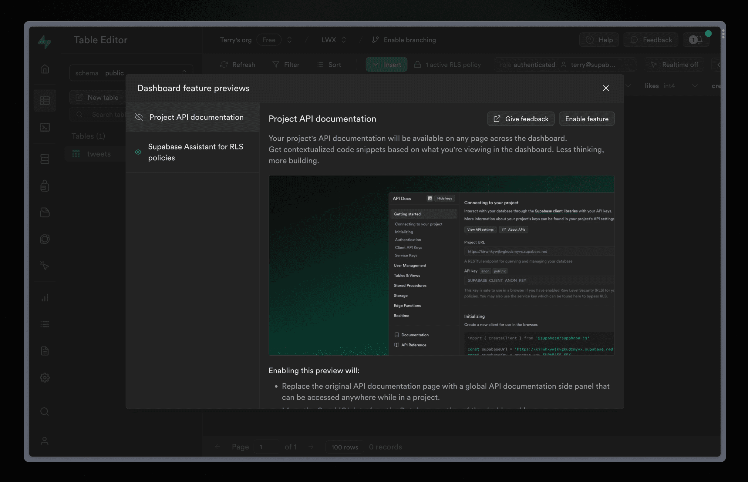 Supabase AI revised API side panel
